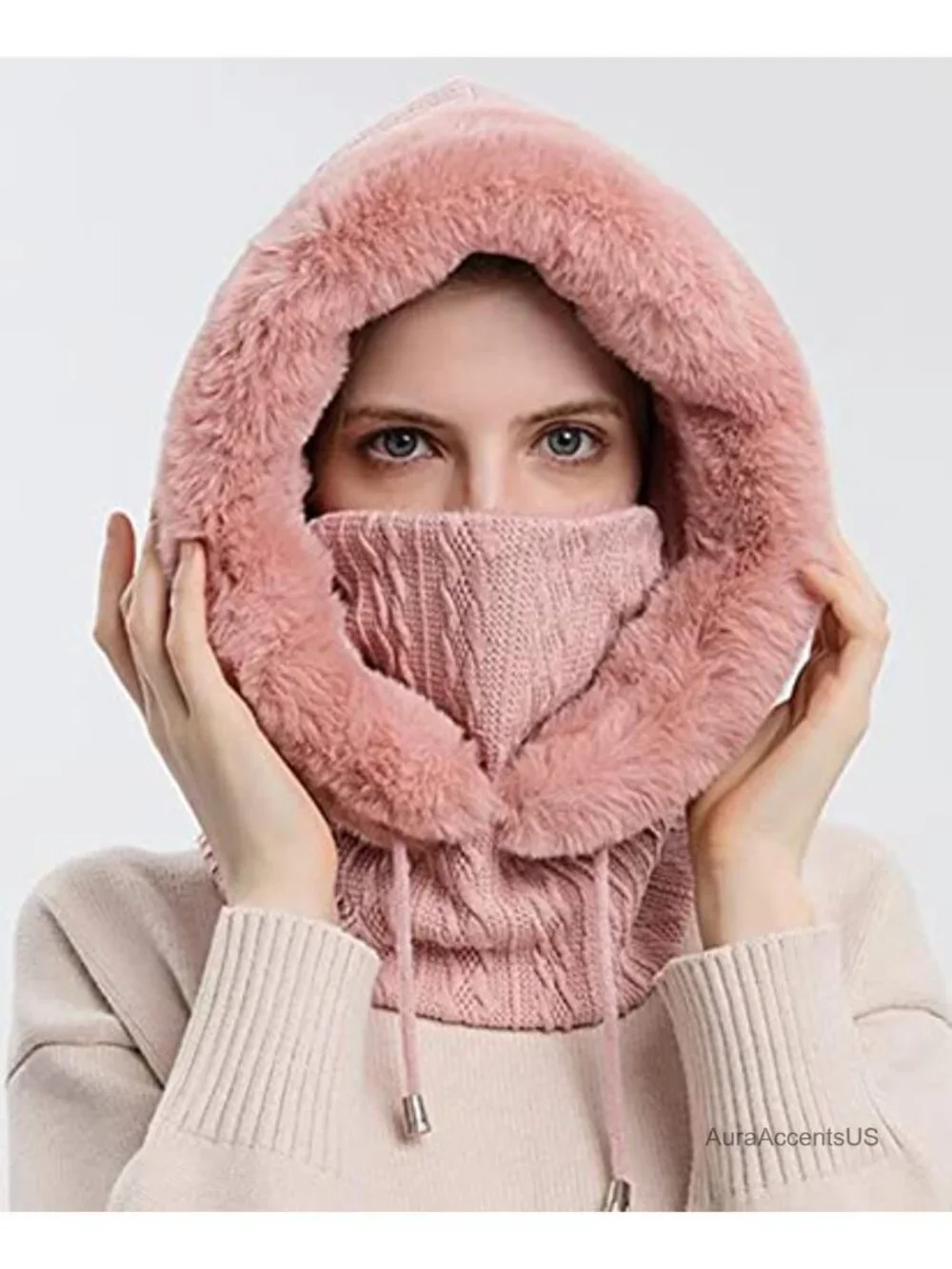 Women's One Piece Fleece Balaclava Beanie Scarf Mask Drawstring Winter Hat